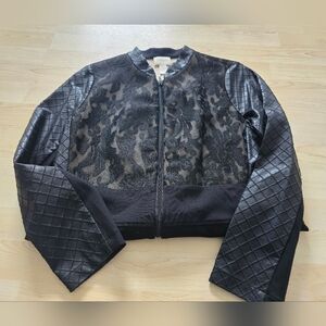 Chicos Vintage Y2K Faux Leather Jacket Black Moto Floral Lace Quilt Size 1